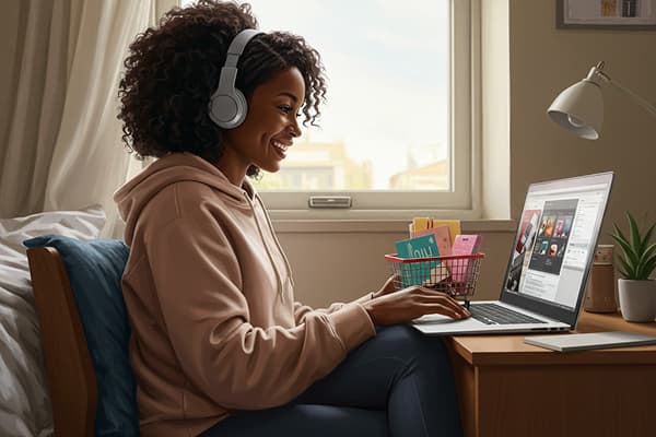 A student entrepreneur managing their online store on a laptop